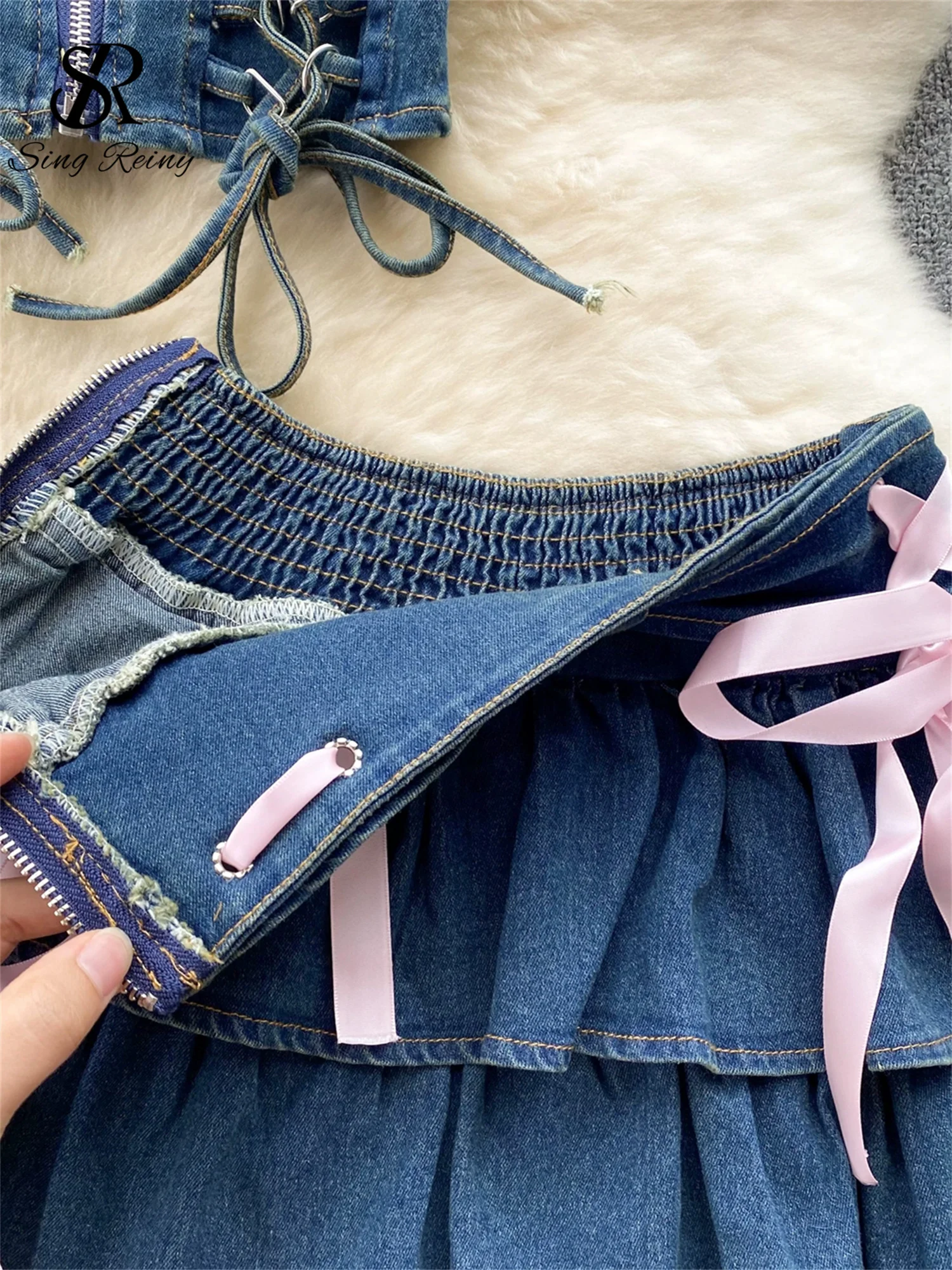 SINGREINY Hotsweet Denim Two Pieces Sets Zipper Strapless Y2K Top+Elastic Mini Culottes Lace Up Cross Bandage Streetwear Suits - Image 5