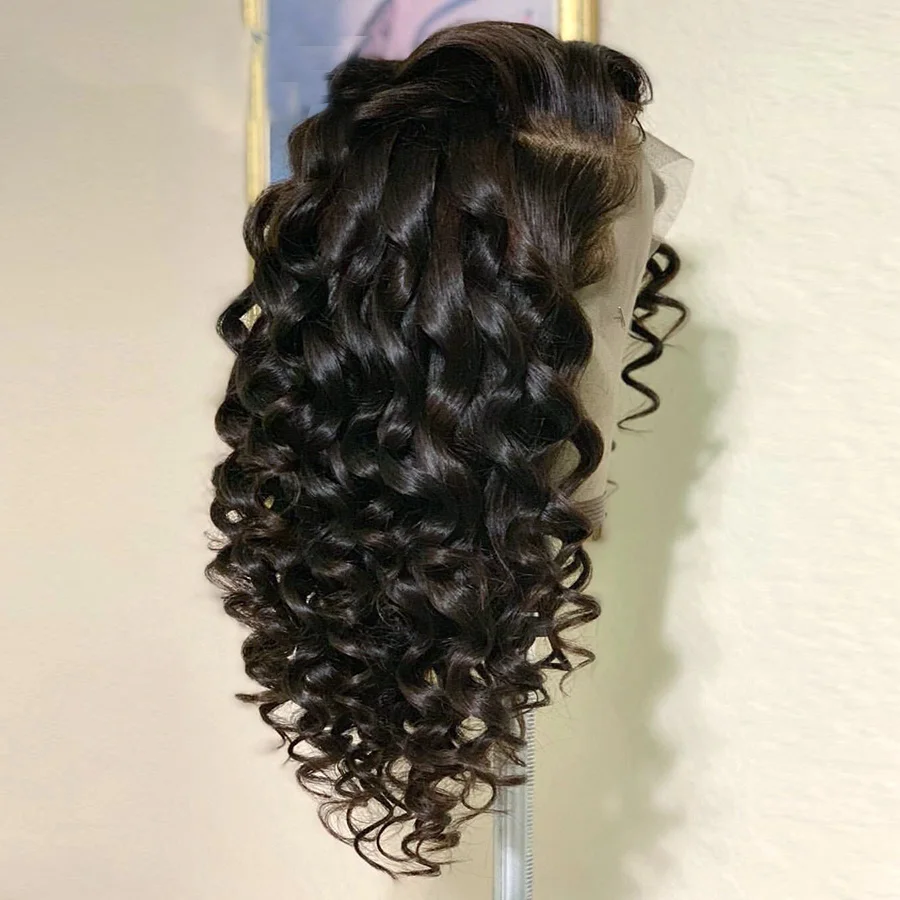 Natural Black Middle Part Soft 26inch Long 180% Density Deep Wave Curly Glueless Lace Front Wig For Women Babyhair Pre Plucked