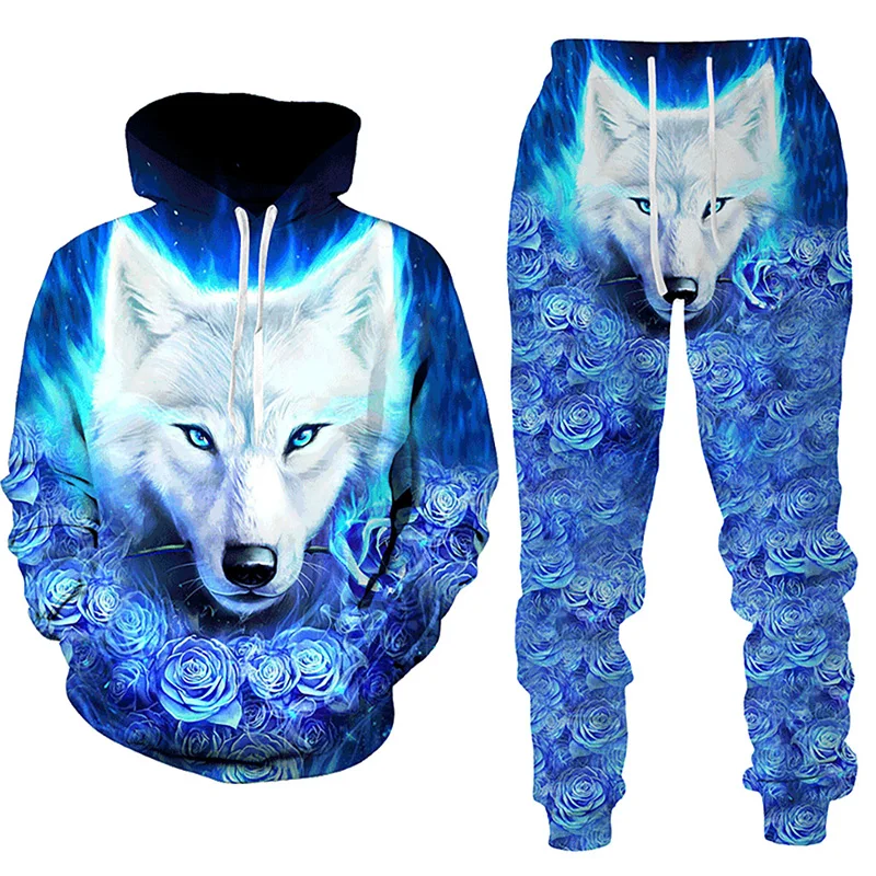 

New 3D Printing Couple Wolf Fashion Men Women Tracksuits Crewneck Hoodies+pants Plus Size S-7XLHarajuku