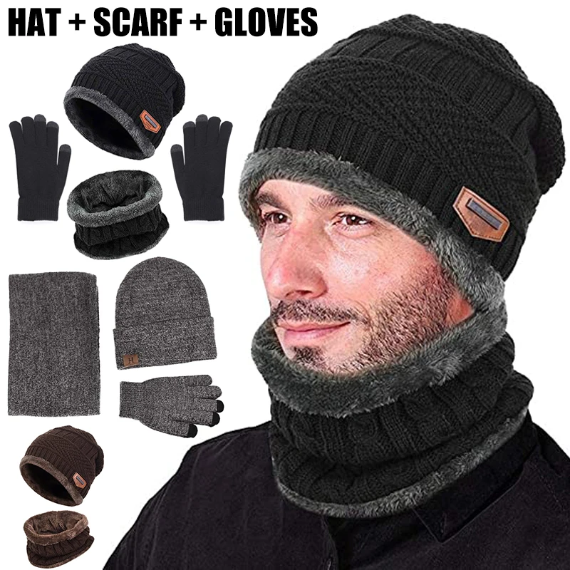 

Winter Warm Beanie Hat Scarf Gloves Set Unisex Fashion Thick Wool Neck Scarf Cap Knitted Beanie Hat Neck Glove For Men Women
