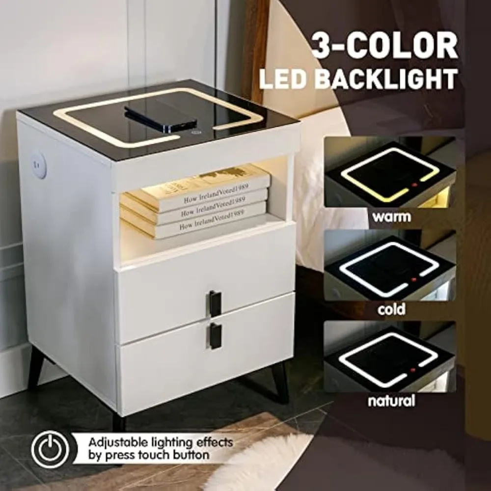 Nightstand Wireless Charging Station & USB Type C Ports, Minimalist Night Stand with LED Light 3 Colors & Adjustable Brightness