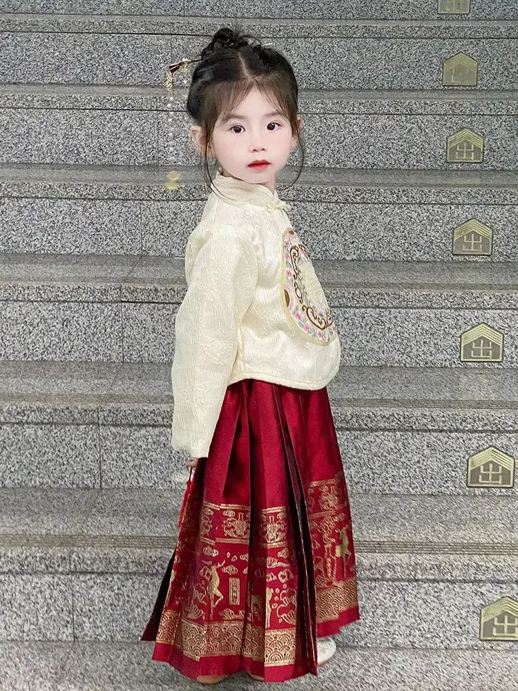 

Hanfu Suit Spring Autumn New Dress Girls' Modified Mamianqun Chinoiserie Tang Suit Ancient Red Horse-face Skirt Suit Children's