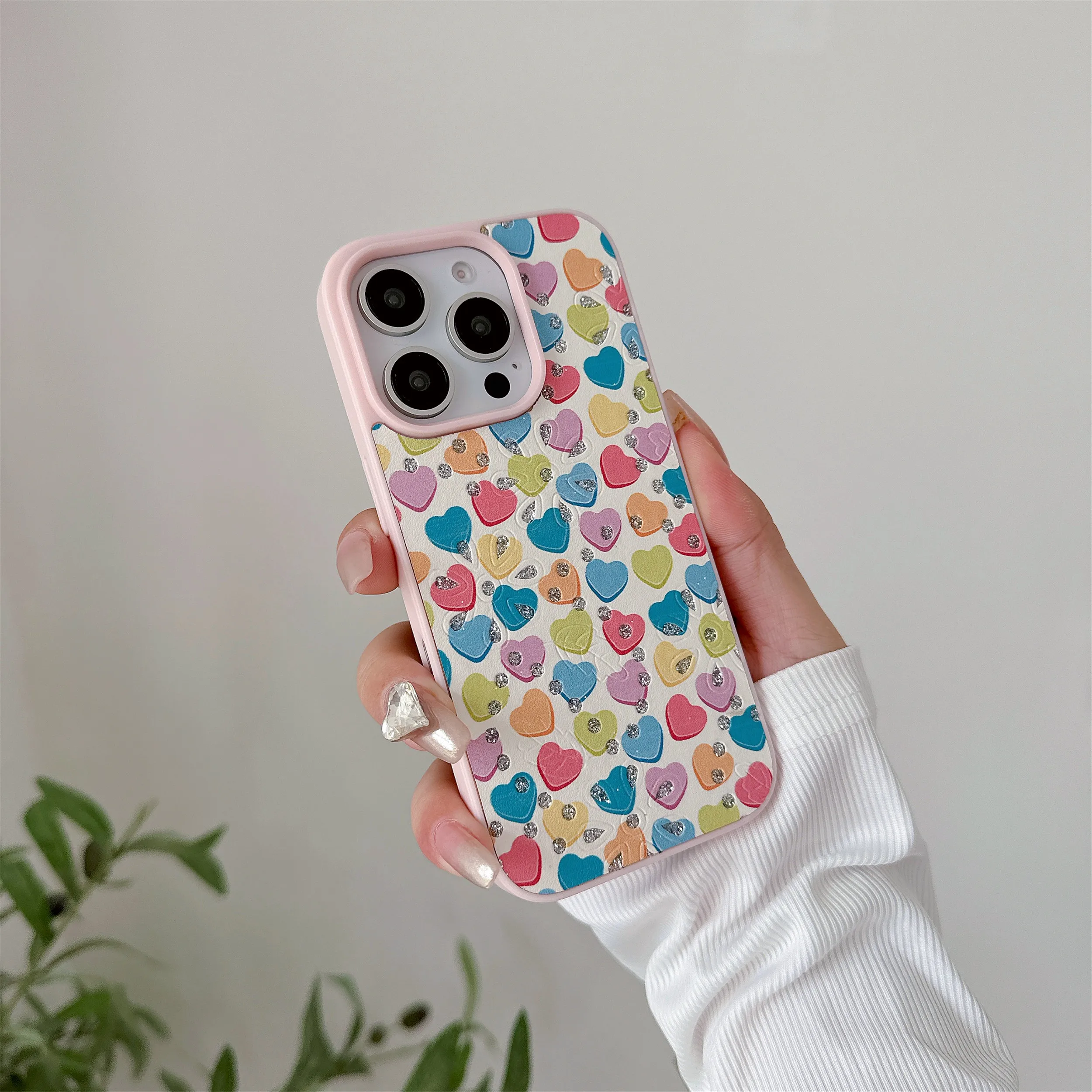 Koreanische Girly Liebe Herz Blume Muster Strass Leder Fall Für iPhone 16 15 14 Plus 13 12 11 Pro Max Weiche bunte Fundas_voghion.com