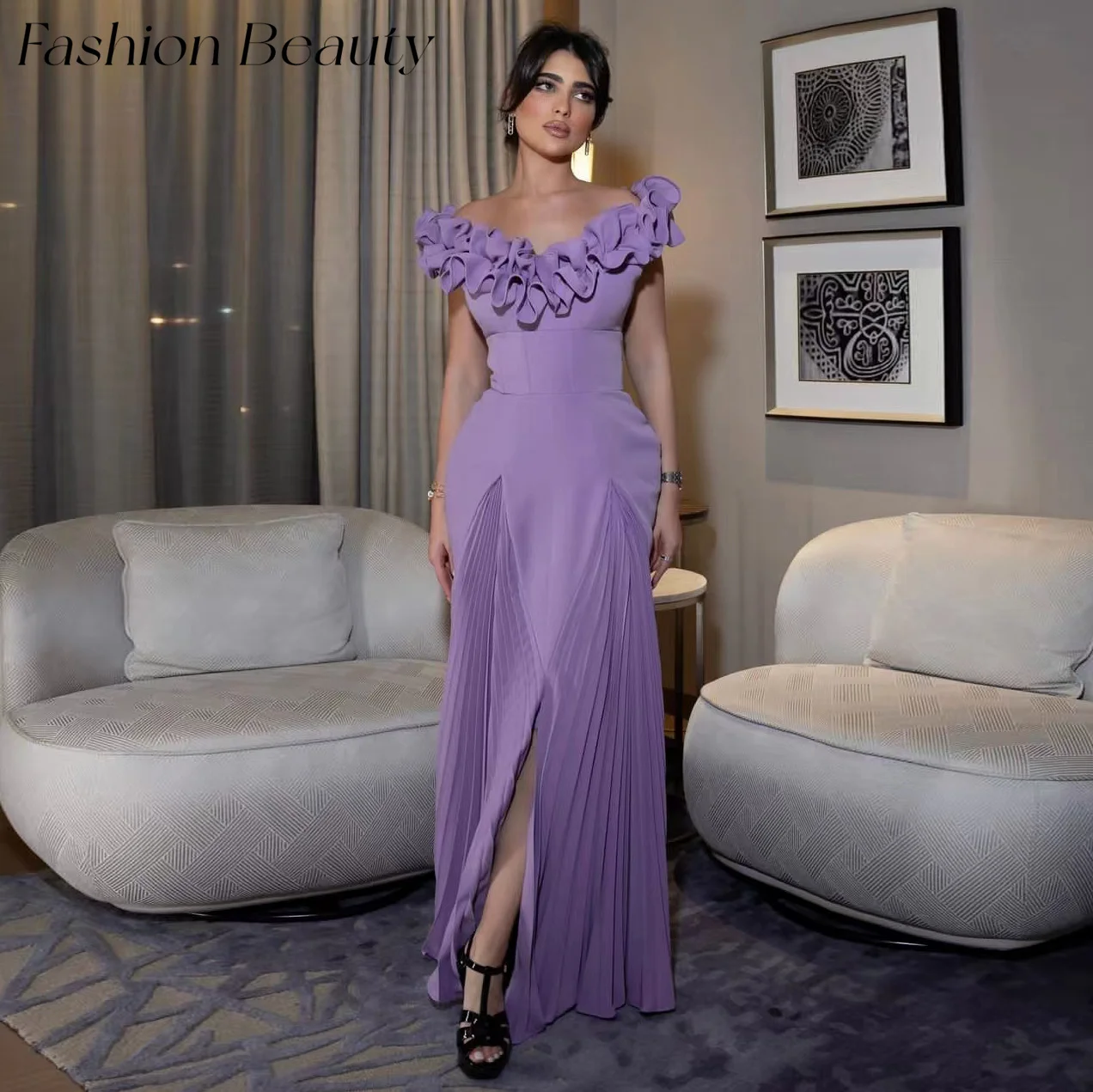 

Fashion Beauty Purple Evening Dresses Off Shoulder Pleated Tiered Simple Elegant Party Dress For Women 2024 Saudi فساتين سهره