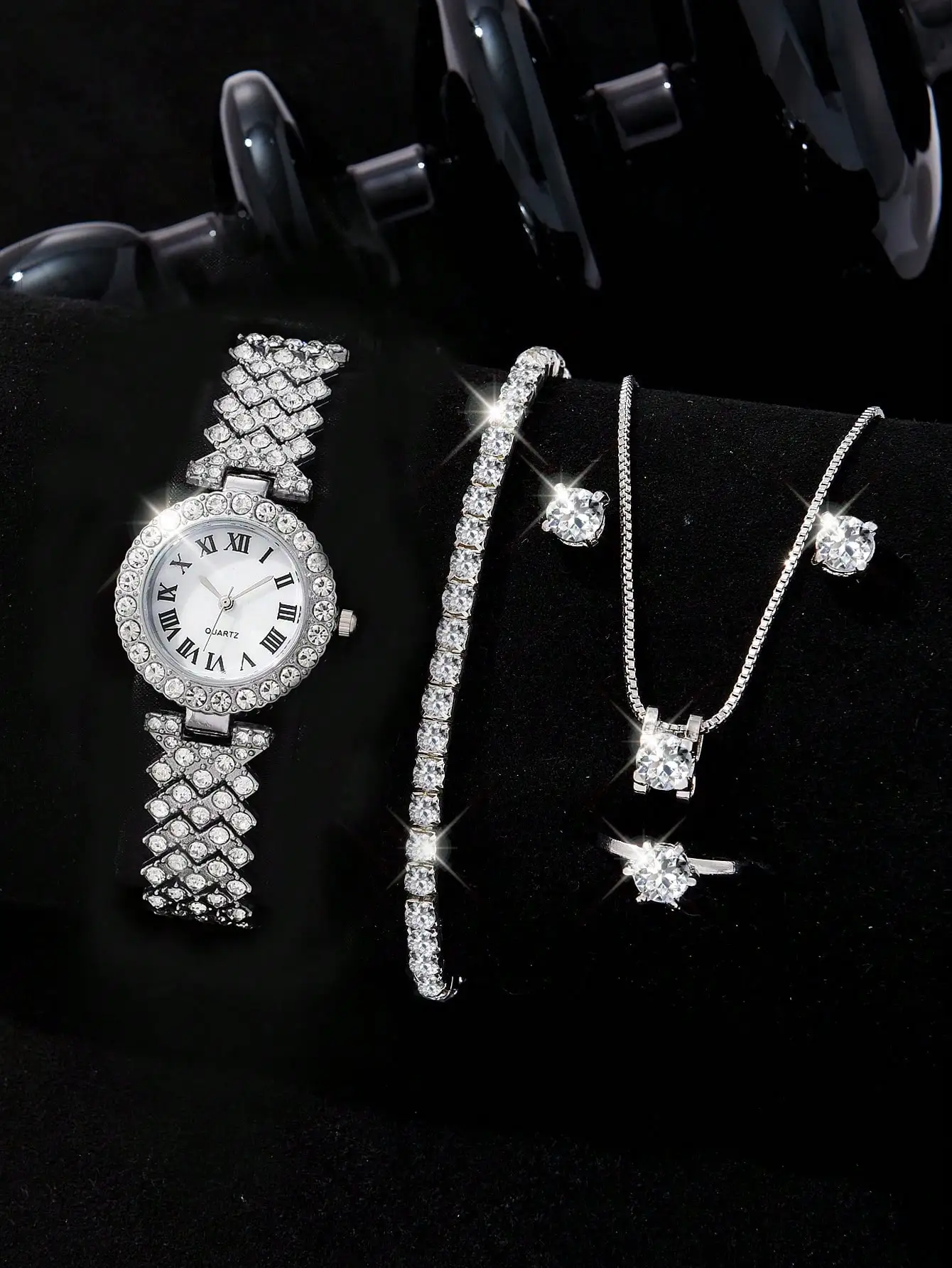 Anello casual da donna, collana, orecchini, biscotti, moda, orologio da donna, set di bracciali, orologio, set da 5 pezzi_voghion.com