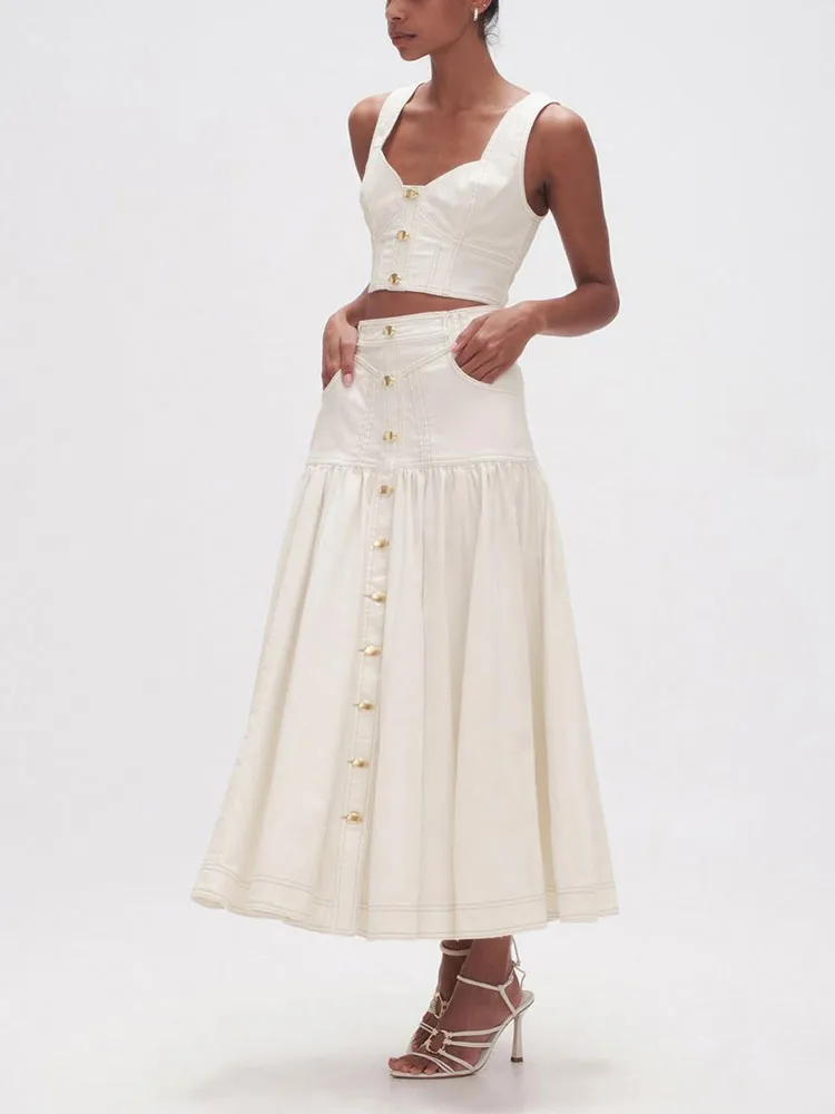 BPN Minimalist Two Piece Sets For Women Square Collar Sleeve Tops High Waist Patchwork Pockets A Line Skirt Solid Set Female New