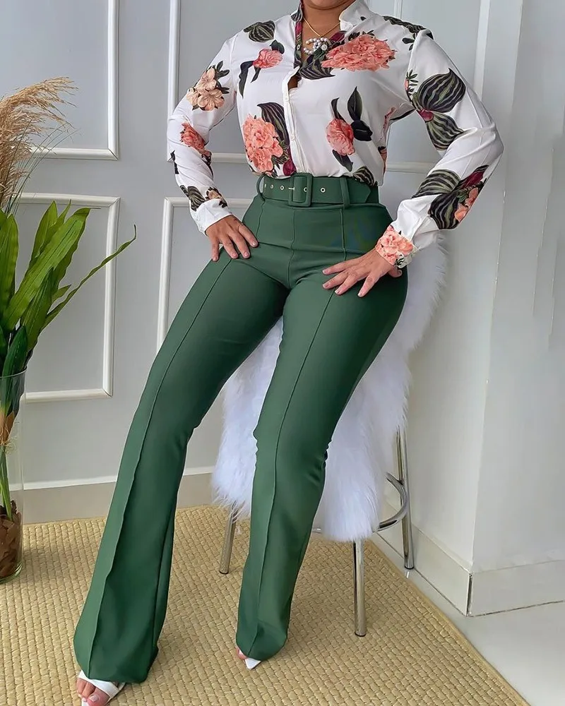 Women Two Pieces Set Tracksuit Office Clothes With Belt Autumn Trend Casual Leaf Print Buttoned Shirt & High Waist Pants Set midi skirt co ord Women's Sets