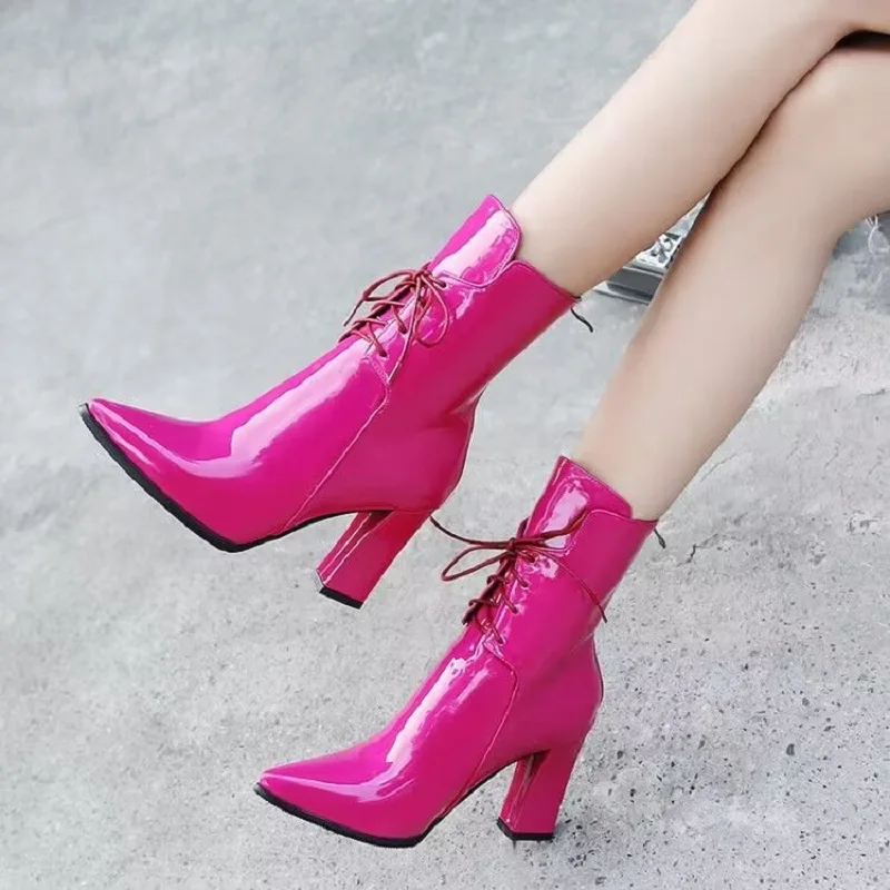 

European and American autumn and winter boots, high heeled pointed short boots, thick heeled lace up patent leather women's boot