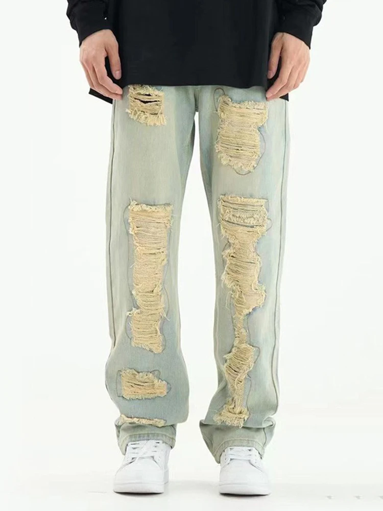 

New Fashion Autumn Washed Light White Personalized Hole Patch Cloth Casual Denim Solid Hollow Out Jeans Y2k Men Jeans