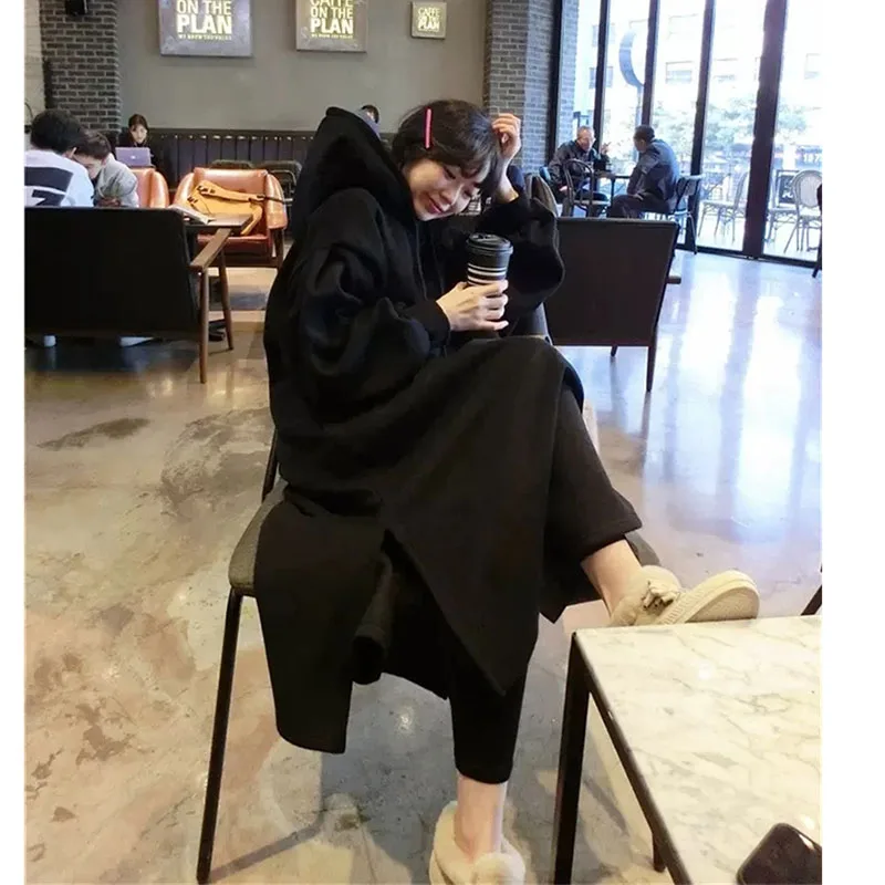 2022 Winter New Hooded All-match Sweater Long Skirt Female Fat Sister 240 Catties Loose Plus Velvet Thickened Dress For Commutin