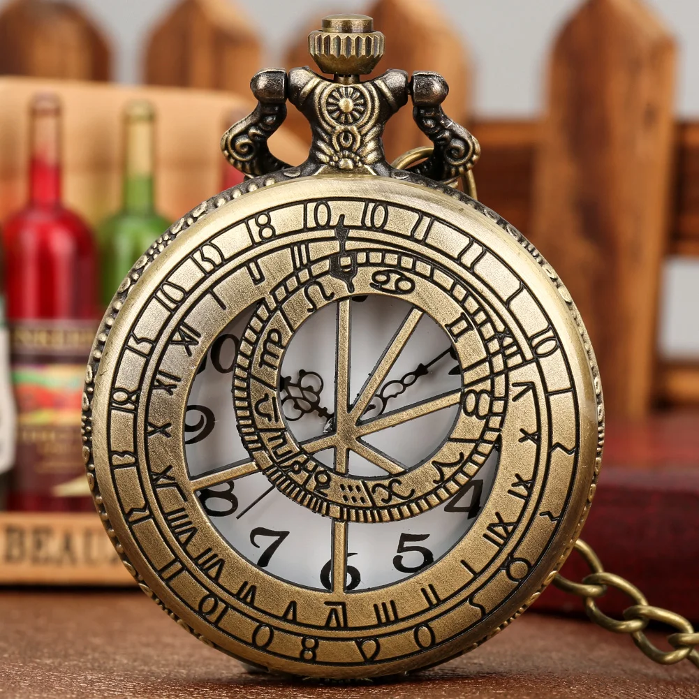 

Bronze Watch Retro Astronomical Compass Geometry Prague Design Hollow Pendant Quartz Pocket Watch Necklace Chain Watch Clocks