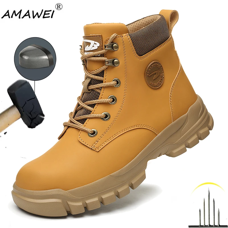 

AMAWEI высокие мужские рабочие ботинки, защитная Рабочая обувь, стальной носок, проколостойкая, Противоударная, износостойкая защитная обувь