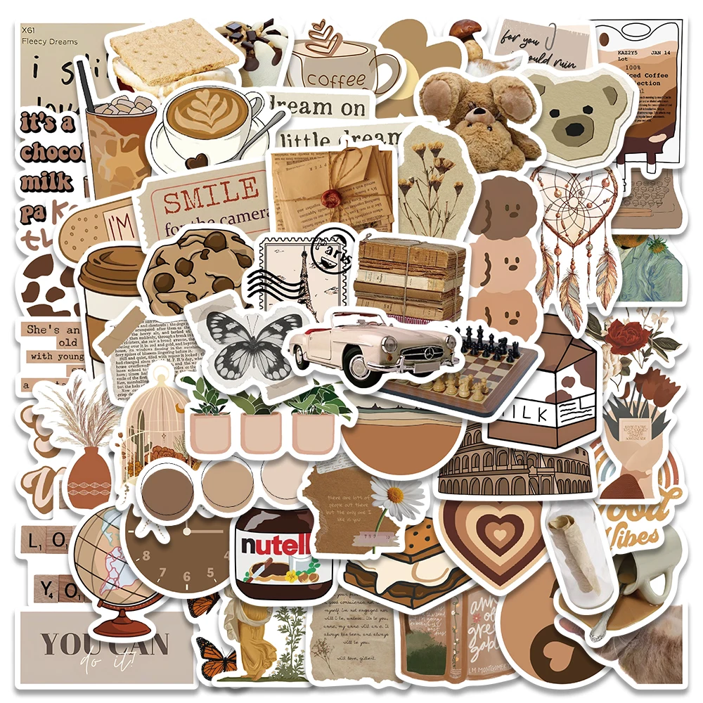 

10/60Pcs Retro Bohemia Brown Stickers Aesthetic Decals For Kids Laptop Luggage Computer Cars Motorcycle Helmet Graffiti Stickers
