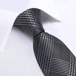 Houndstooth Black Silver Luxury Silk Ties For Men Business Wedding Neck Tie Handkerchief Cufflinks Set Men's Gift Wholesale Item