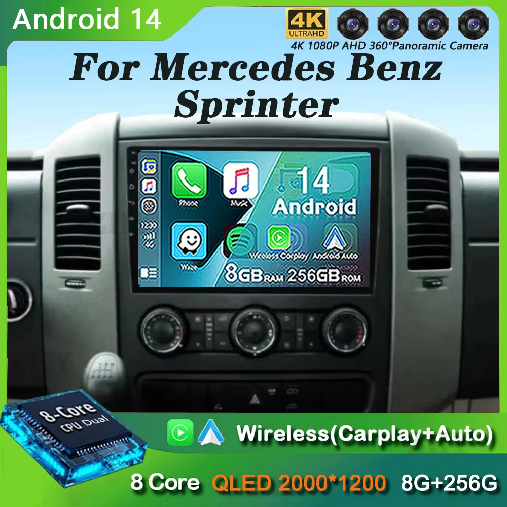 10" Android 14 For Mercedes Benz Sprinter 2K 8+256GB QLED Android Car Radio Multimedia Video Player GPS stereo CarPlay WIFI+4G car multimedia player car radio