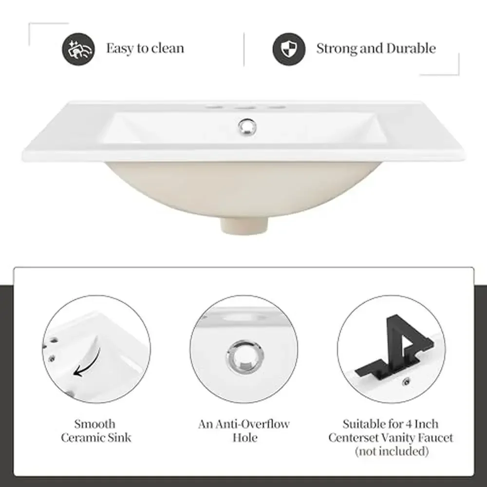 Modern 24" Bathroom Vanity Cabinet with Ceramic Basin and Soft-Close Doors White Wood High Load Capacity Wide Countertop Free of