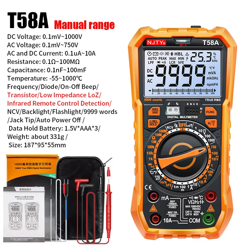 TY T58A/B  NCV Digital Multimeter 9999 words Auto Ranging AC/DC voltage meter Flash light Back light Large Screen like RM113D