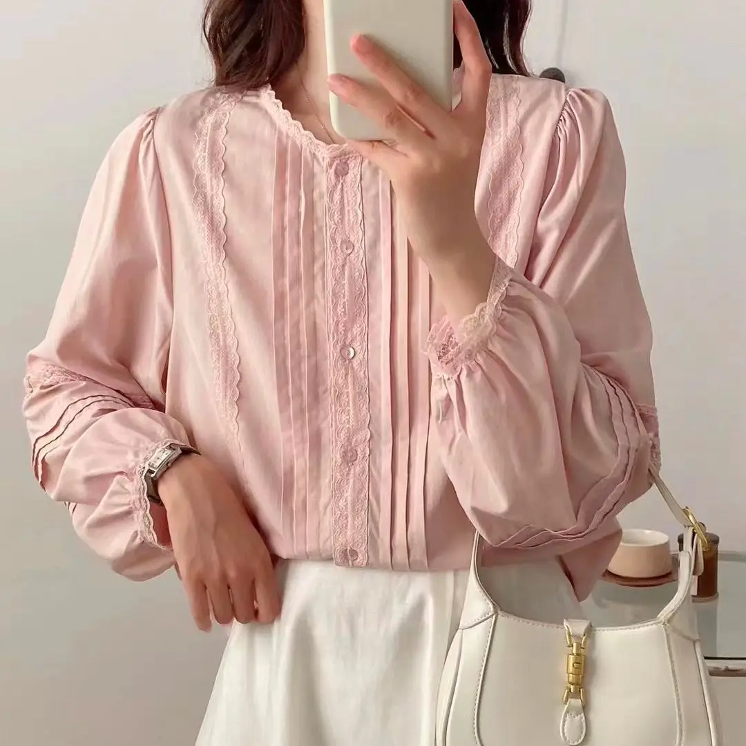 

Women 100% cotton blouses mori girls Japan style vintage lace embroidery solid shirts long sleeve top Plus size women's clothing