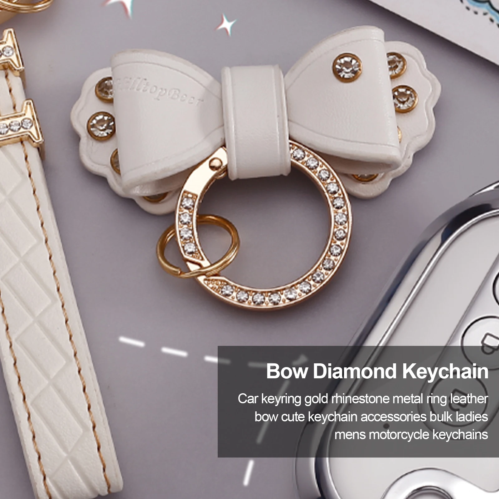 Car Keyring Gold Rhinestone Metal Ring Leather Bow Cute Keychain  Accessories Bulk for Women Men Llaveros