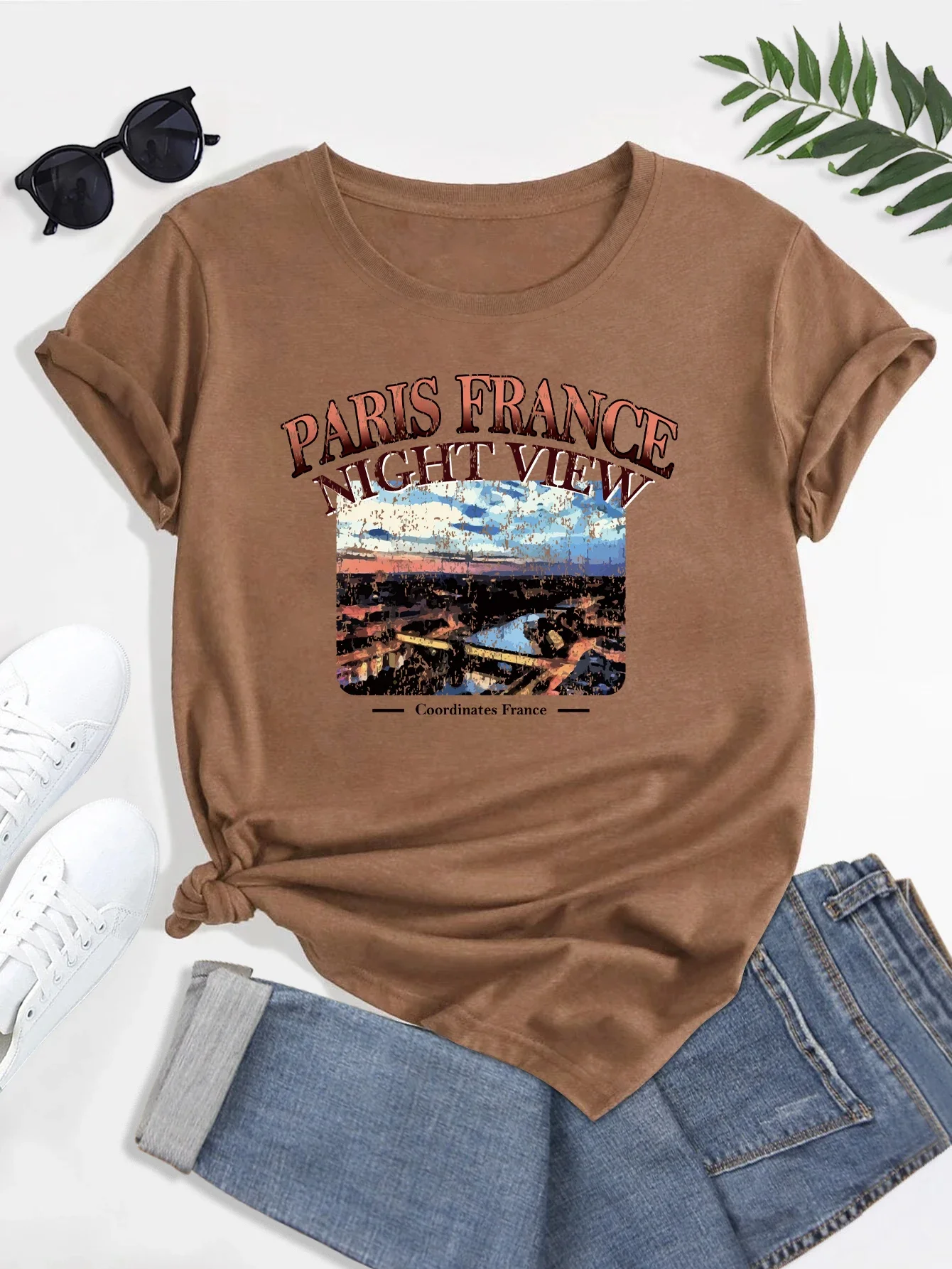 T-Shirt Donna In Cotone Plus Size Paris France Nicht View T-Shirt Girocollo Con Stampa T-Shirt Donna Casual Allentata Manica Corta Abbigliamento Top