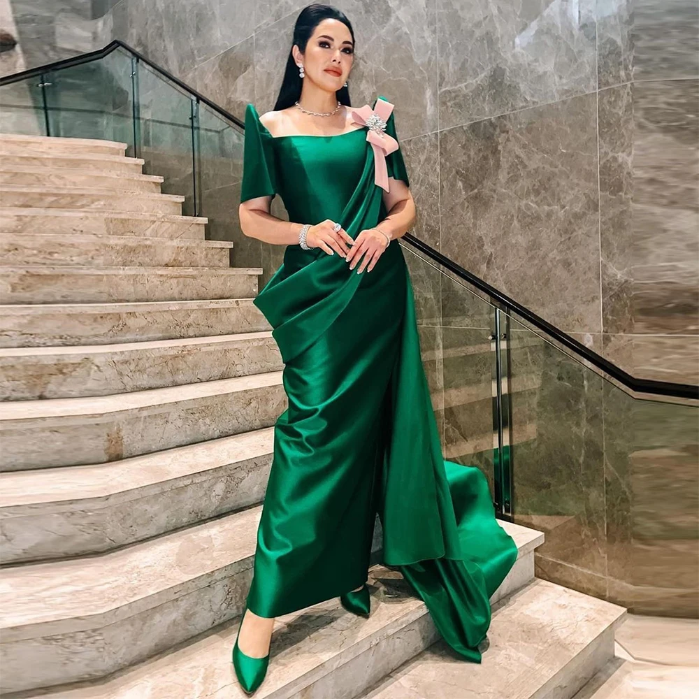 

Xijun Emerald Green Saudi Arabic Satin Mermaid Evening Dresses Crystal Pleat Ruched Dubai Women Formal Party Prom Gowns 2023