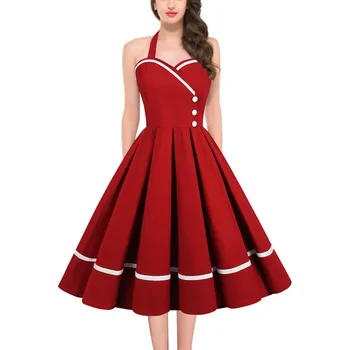 Halter Backless Pleated Big Swing Dresses Women Summer Retro 50s 60s Rockabilly Party Vintage Dress Pinup Elegant Evening Dress 1