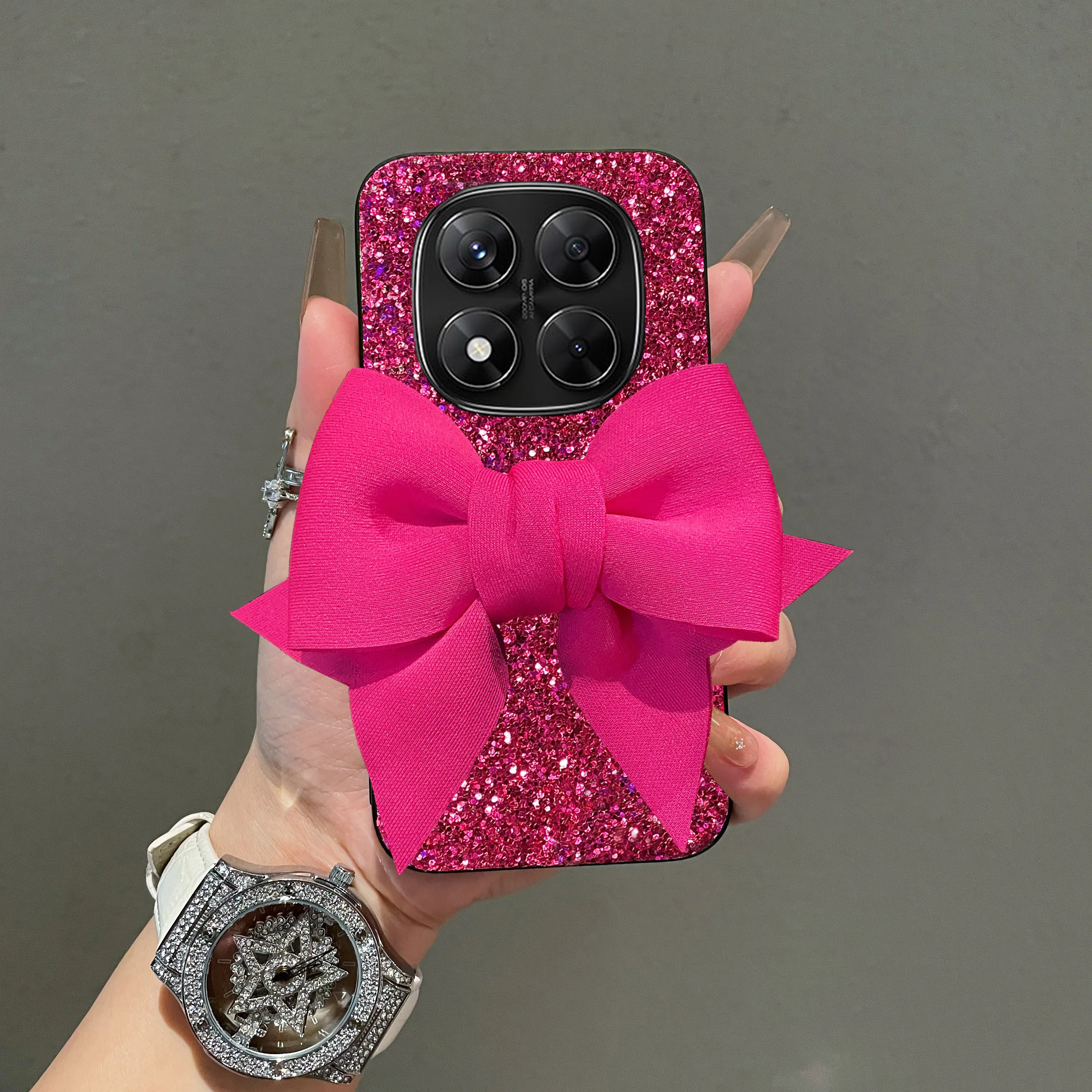 Chic Rose Red Glitter Bowknot Leather Phone Case - Shockproof Soft Back Cover