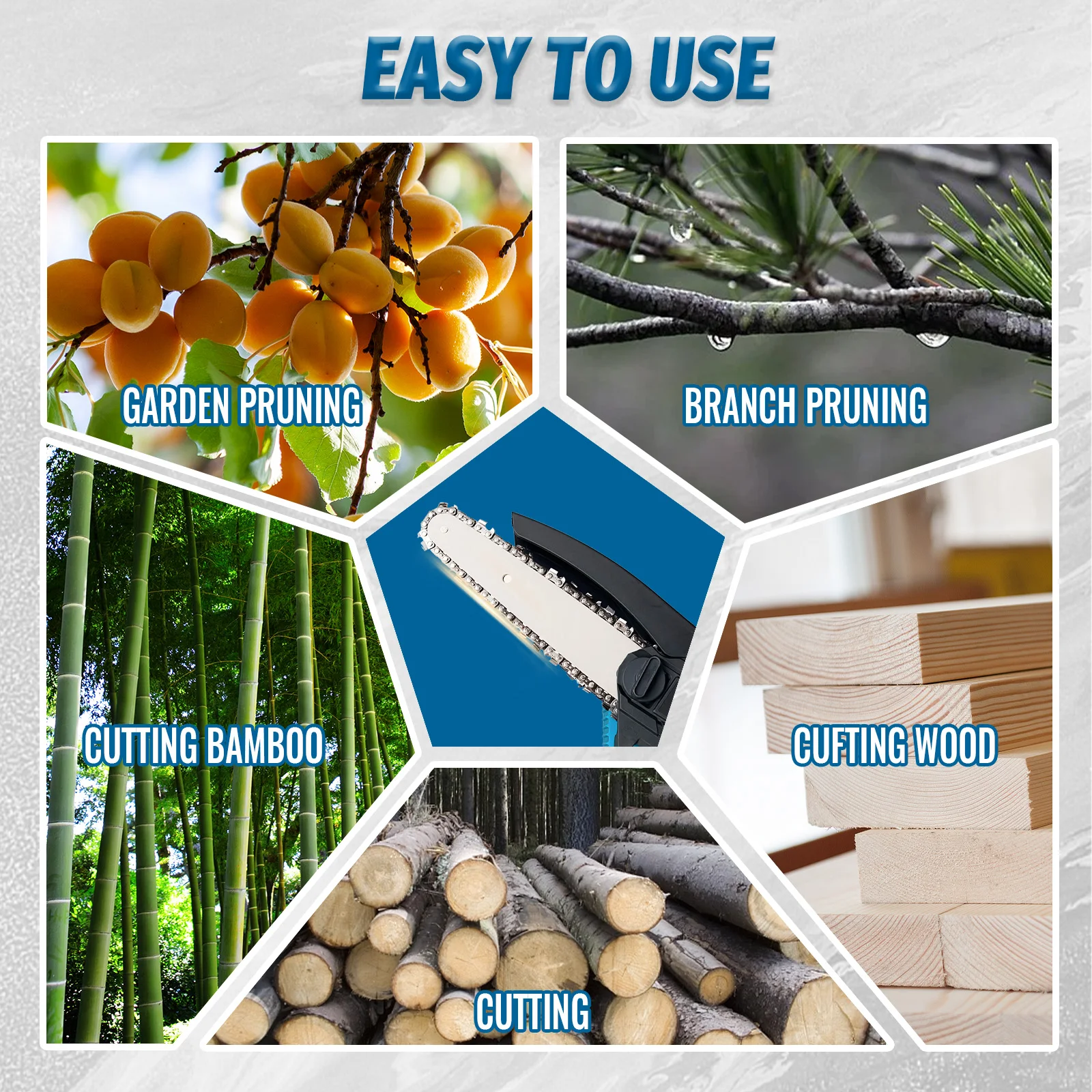 User holding the mini cordless chainsaw