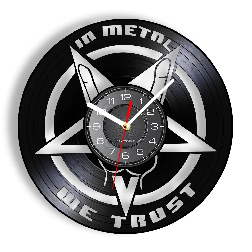 

In Metal We Trust Music Quote Vinyl Record Wall Clock Heavy Metal Fan Home Decor Watch Rock Band Carved Album Music Record Clock