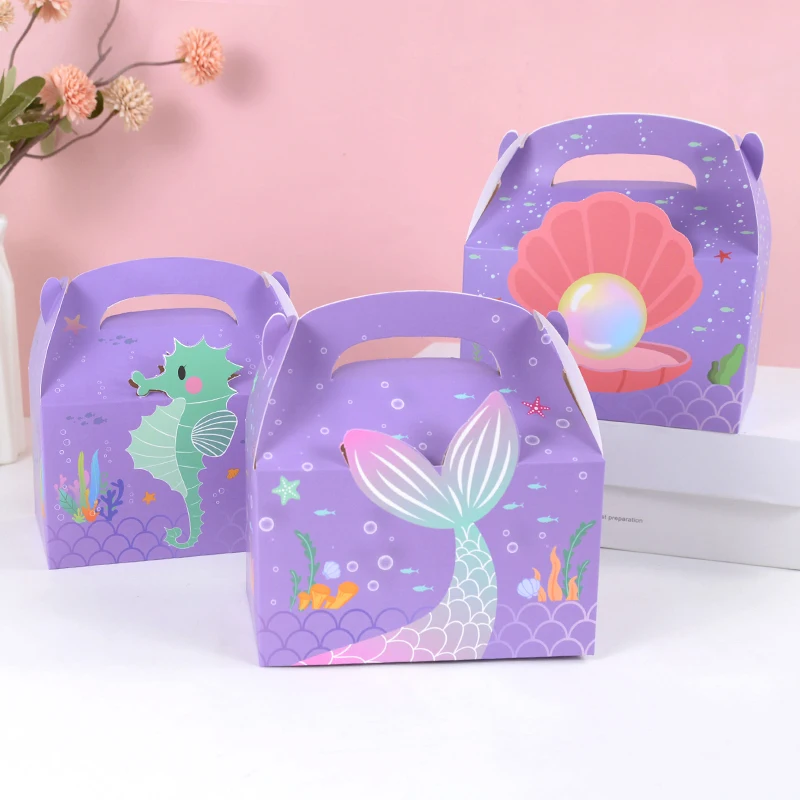

3pcs Mermaid Candy Gift Box Paper Cookie Cake Packaging Boxes Treat Bags Kids Little Mermaid Theme Birthday Party Decor Supplies