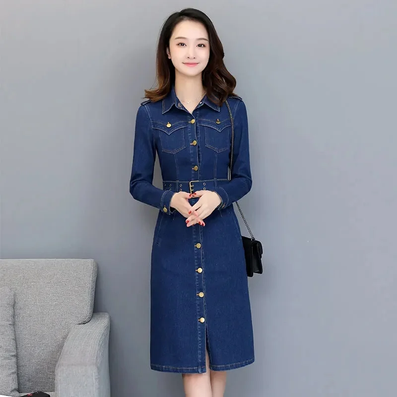 2022 Spring Women New Denim Dresses Korean Dress Female Slim Mid