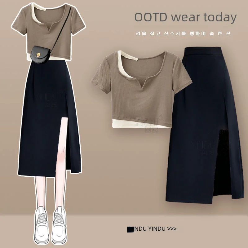 여성 사이드 슬릿 스커트 투피스, 반팔 상의, 정션 디자인, 슬림해 보이는 하이웨이스트, 블랙 세트, 여름 신상