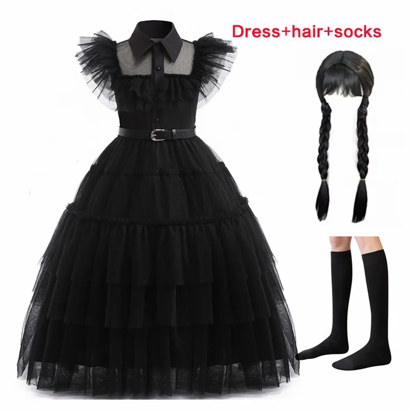 Wednesday Black Lace Halloween Dress Up Girl's Birthday Party Performance Dress New Girl Role Playing 4-12 Years Old