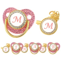 New Newborn Pacifiers for Babies Pink Rhinestones Personalized Pacifier Clip Lid Set 26 Name Initials Infant Nipple Teether Gift 1