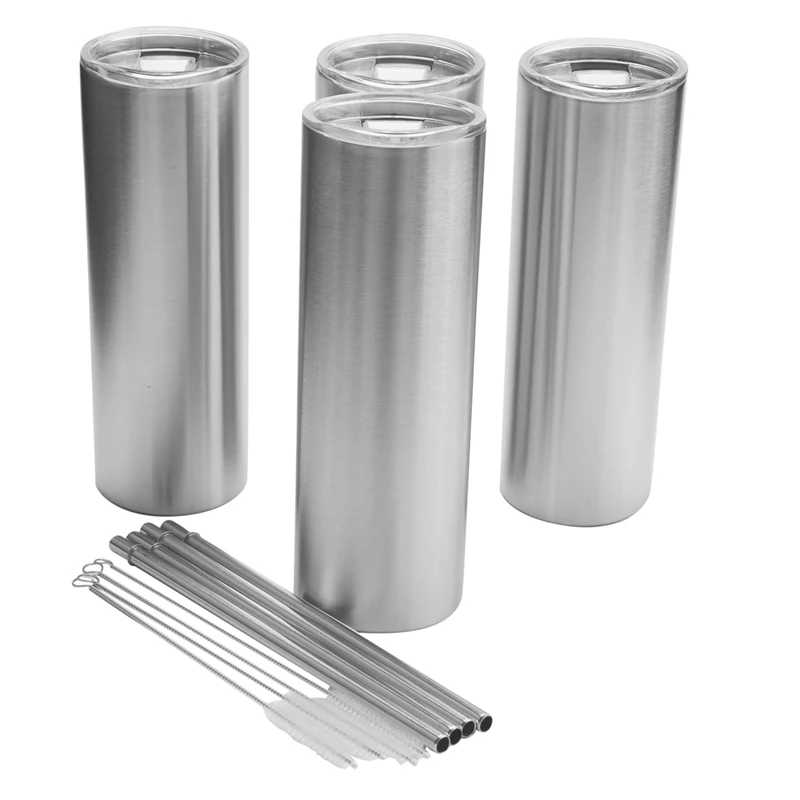 

4 Pack Stainless Steel Skinny Tumbler With Straws 20Oz Double Wall Vacuum Insulated Tumbler Cups With Lid