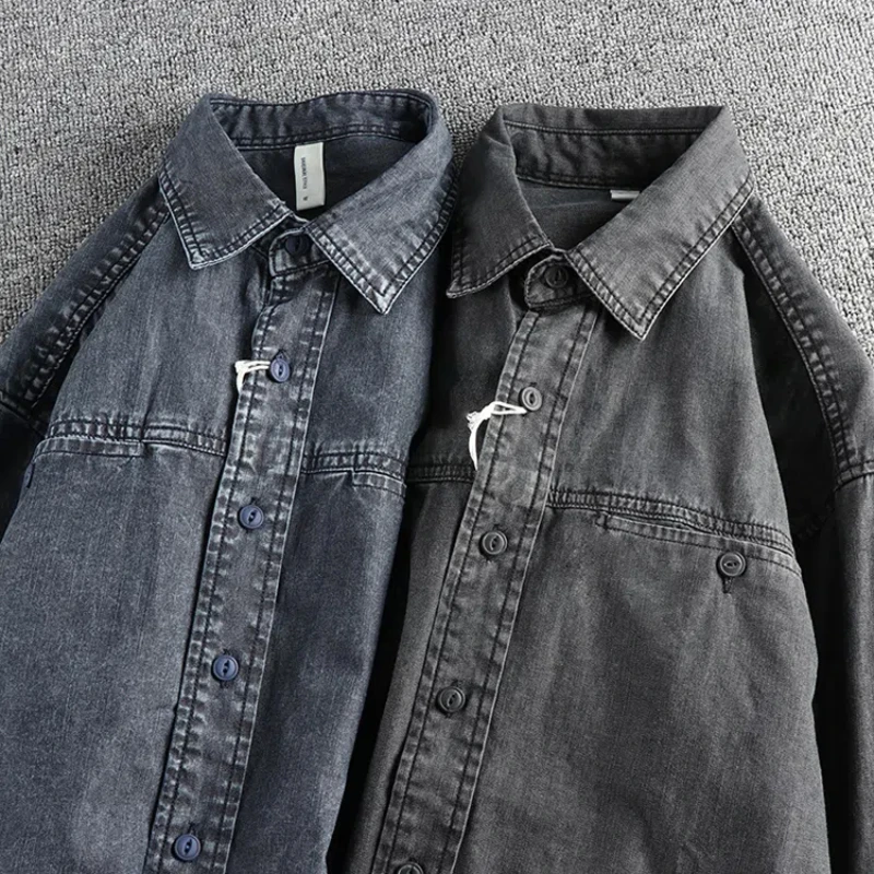 Heavy washing to do old vintage denim shirt men's double pocket design trend Europe and the United States casual shirt coat denim shirt long sleeved shirt