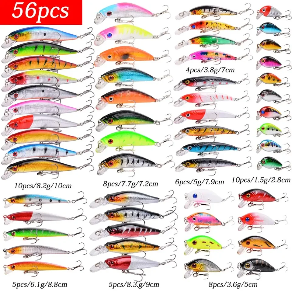 Pezlun Fishing Lures Kit - 50pcs Minnow Popper Crank Baits Set For Freshwater Bass, Trout, Pike Fishing