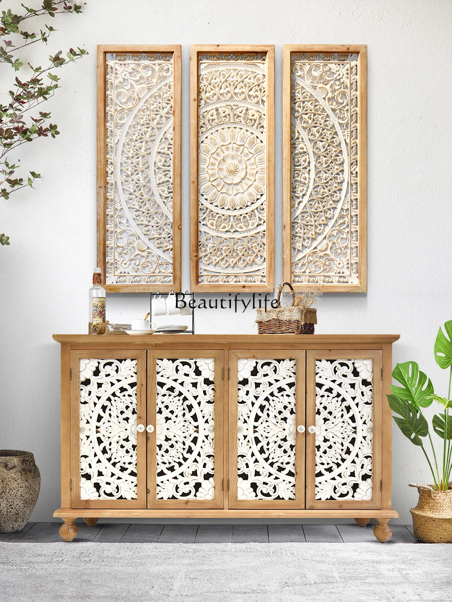 

American Vintage Engraving Entrance Cabinet Floor Solid Wood Multi-Functional Storage Small Apartment High Cabinet