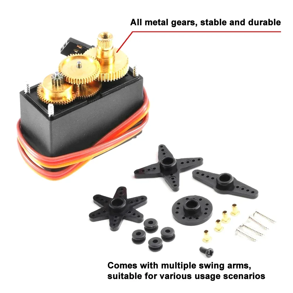 Servomoteur MG996R Haute Vitesse 13kg avec câble et connecteur, parfait pour robotique.
