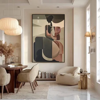 Dipinto Astratto di Donna su Tela, Grande Opera d'Arte Geometrica da Parete, Arte Cubista Moderna, Arredamento Minimalista Neutro, Tonalità Terra Originali