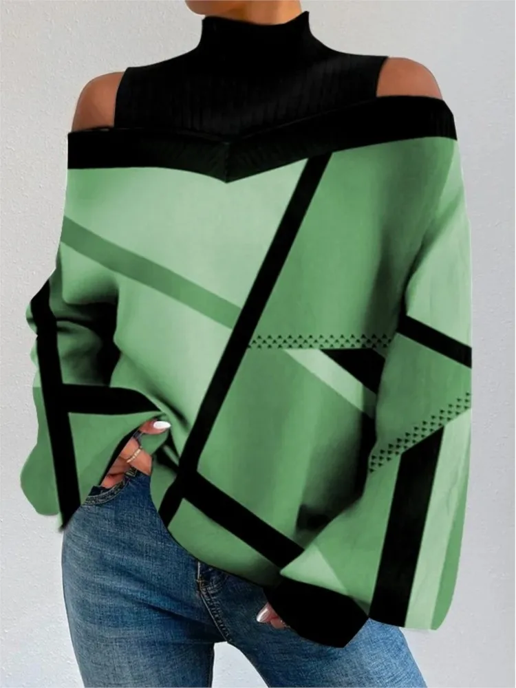 Elegant Women\'s Sexy Off Shoulder Hollow Out Loose T-shirt Top Autumn Winter Fashion Print Turtleneck Long Sleeve T-shirts Tops