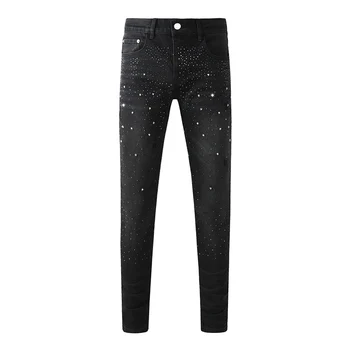 Black Men's American High Street Distressed Rhinestones Patterns Skinny Ripped Button Fly Jeans 1