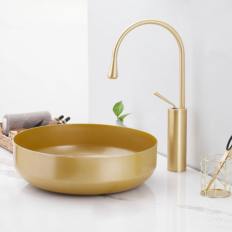 Golden countertop washbasin 304 stainless steel bathroom cabinet wash basin for home light luxury hotel