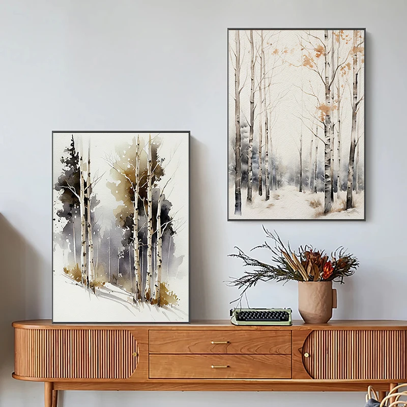 세쿼이아 소나무 자작나무 수채화 식물 포스터, 캔버스 페인팅, 활기찬 감동주의 벽 예술, 그림 거실 홈 데코