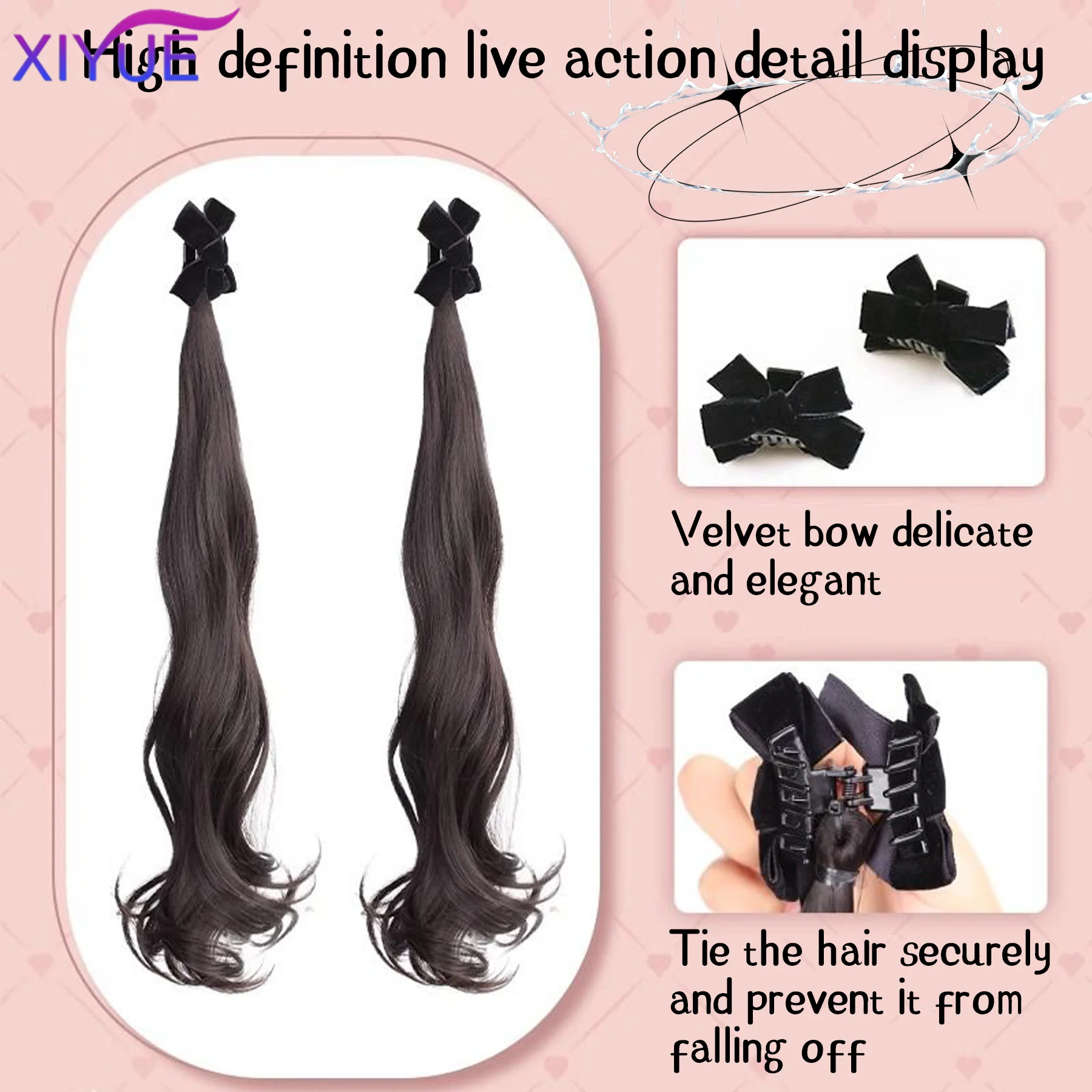 XIYUE Small Claw Clip On Bow Braid Big wave ponytail Hair Extensions Heat Resistant Pony Tail Hair piece For Women Daily Party