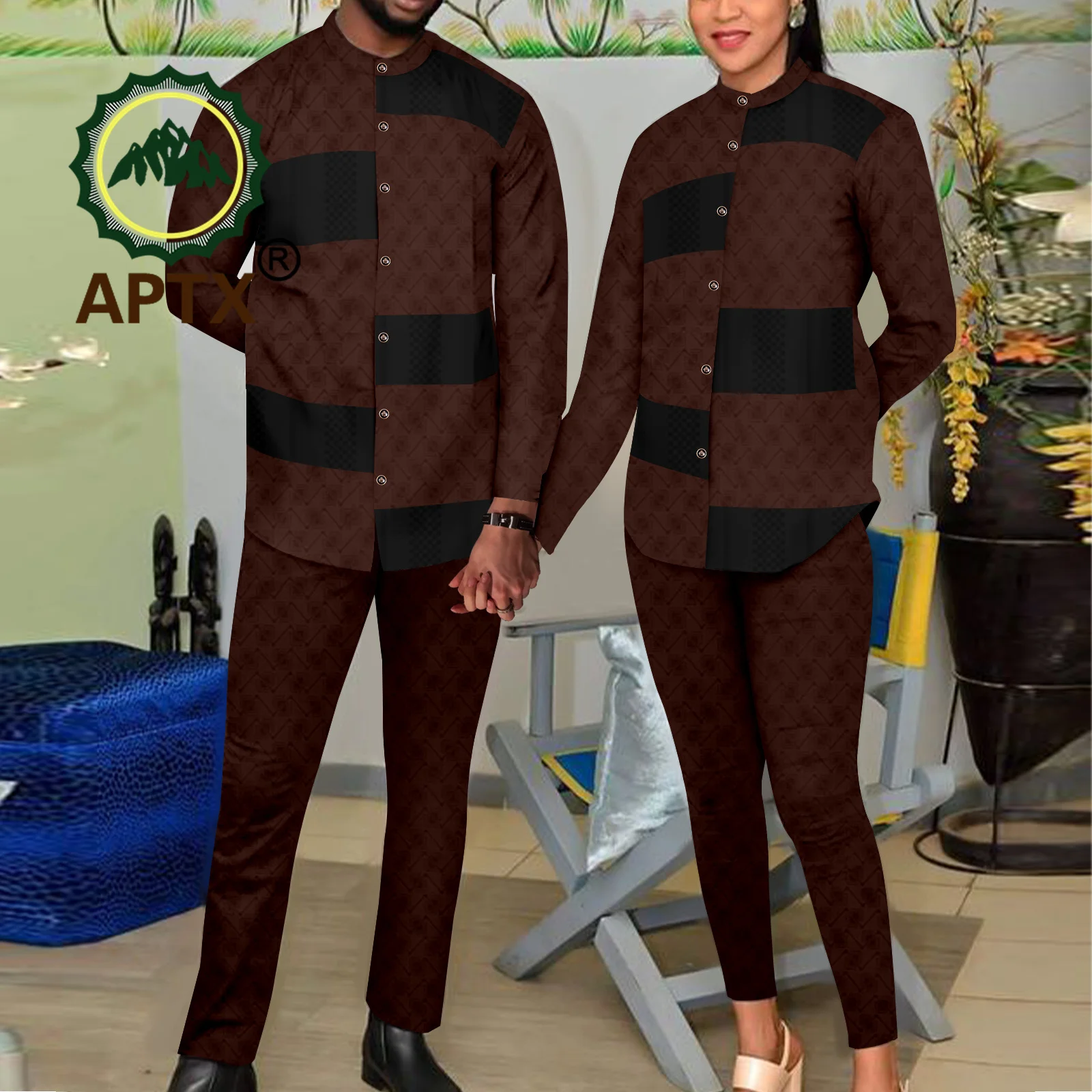 

African Dress for Couple Causal 2 Pcs Sets Men Women Shirt and Pants Bazin Riche Attire Lovers' Clothes for Wedding T23C015