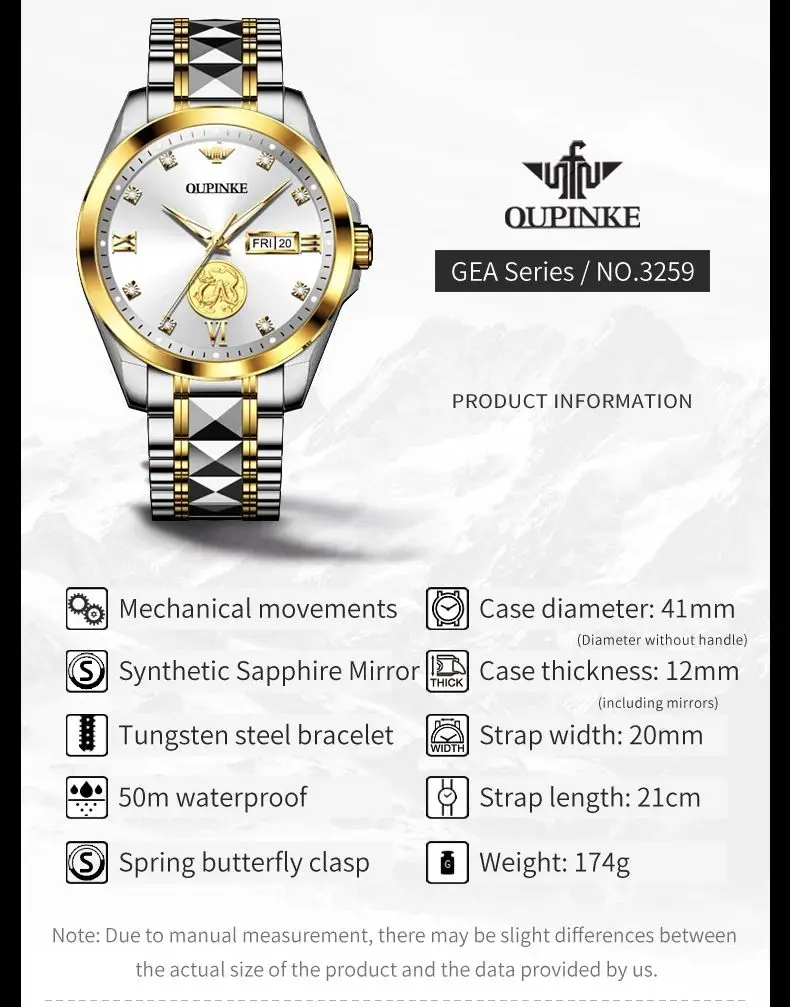 OUPINKE 3259 Men Automatic Watch Real Gold Dual Calendar Mechanical Watch For Men Luxury Waterproof Top Brand Dress Wristwatch