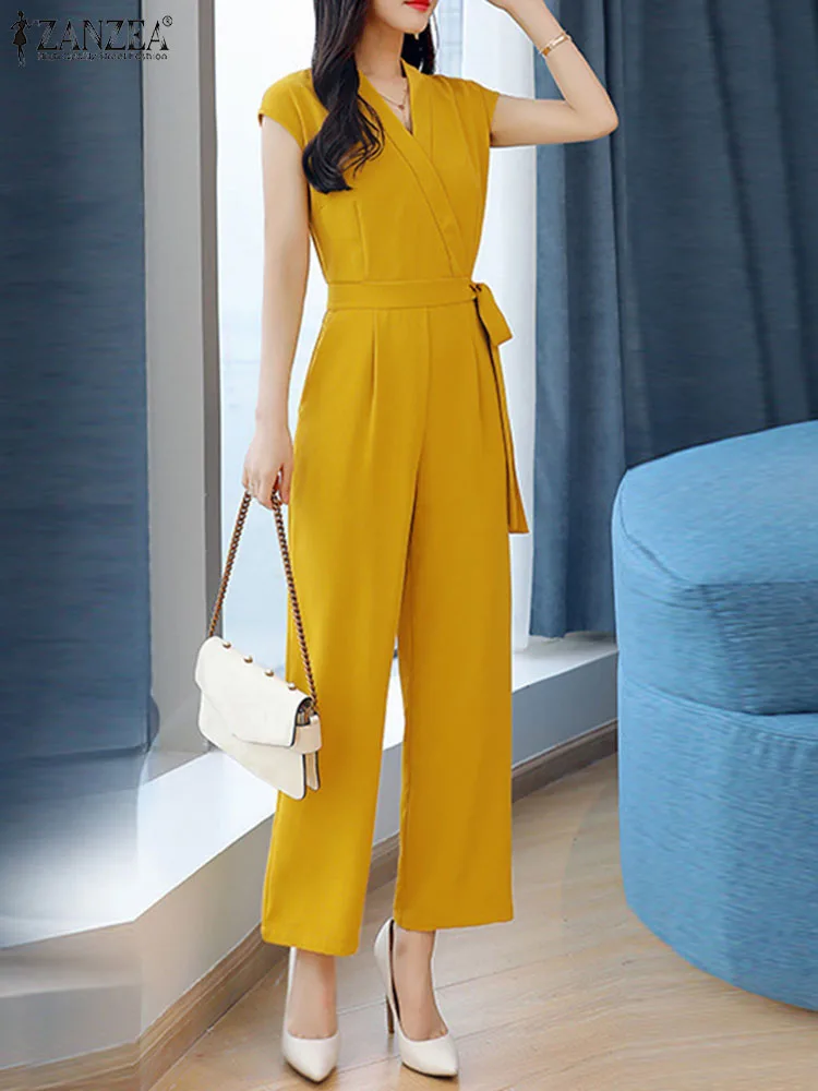 

ZANZEA Casual Women Overalls Wide Leg Pants Office Lady Long Rompers Short Sleeve V Neck Jumpsuit 2023 Summer Elegant Playsuit
