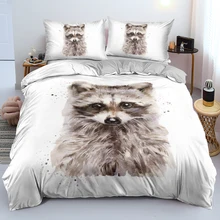 

3D Simple White Duvet Cover Set Cute Animal Raccoon Pattern Comforter Cover With Soft Pillowcases Close Skin Bed Set For Bedroom