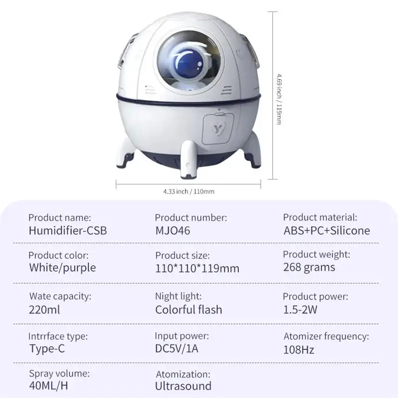 HJogar Colorful Astronaut Aromatherapy Machine Home Dormitory Car Bedroom Desktop Small Portable Silent Night Light Humidifier 5